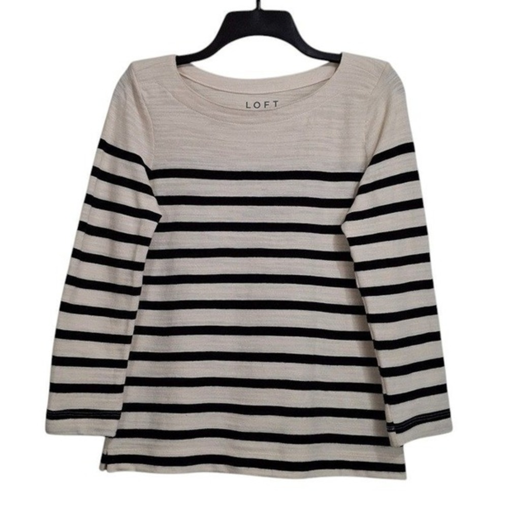 LOFT Women Sweater Top XS‎ Ivory Black 3/4 Sleeve Striped Neutral Classic Casual